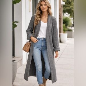 Zara Women Gray Long Knit Cardigan Sweater XS Cozy Open Front